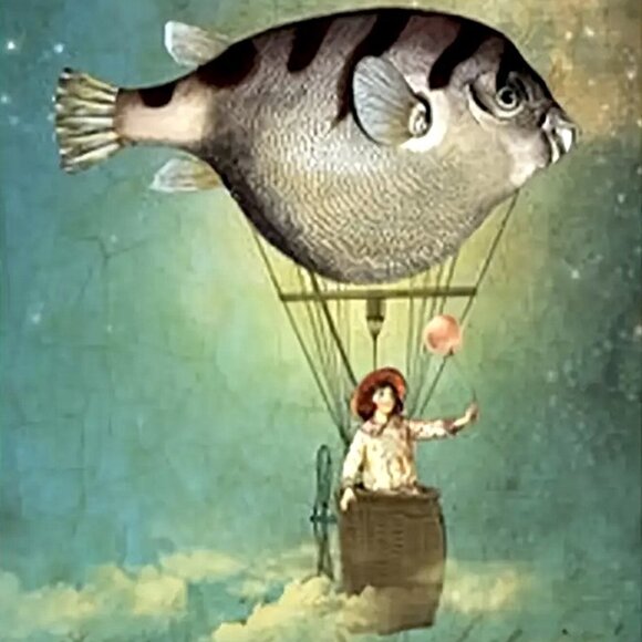 16x24 Fantasy Surrealism Flying Fish Hot Air Balloon Unframed Canvas Art Print - Picture 1 of 3